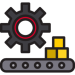 Icon of a grey conveyor belt with stock boxes on and a large grey cog showing a manufacturing process.