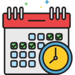 Icon of a calendar with days ticked off and a yellow and blue clock representing a deadline.