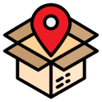 Icon of a brown delivery box with a red location pin above to represent delivery tracking. Used in a Bit Systems manufacturing software solution blog.